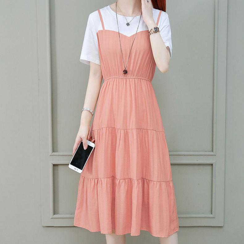 Women Vintage High Waist Round Neck Holiday Splicing Dress Elegant Slim Pleated Short Sleeve Casual Dress