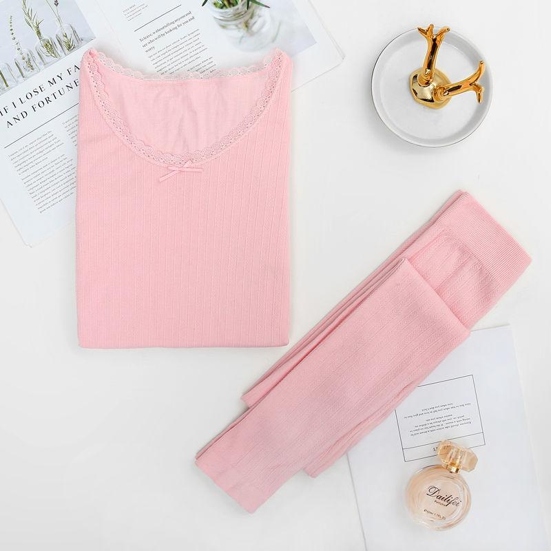 Women Winter Autumn Thermal Underwear Lace O-neck Female Tight Suit Thicken Windproof Comfortable Soft Lining Long Sleeve High Elasticity Tracksuit