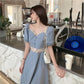 Women's Summer Solid Color Dress Square Neck Puff Sleeves Slim Over Knee Midi Dress