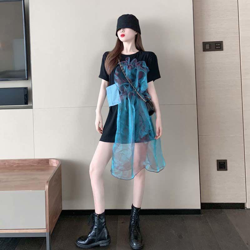 Design Sense Summer Organza Fold Irregular Denim Mesh Stitching Cotton Short-sleeved T-shirt Women