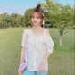 Off-shoulder Ruffled Sweet and Loose Short-sleeved Chiffon Shirt Women's White Off-the-shoulder Shirt Lace Trim Design Ruffled Trim