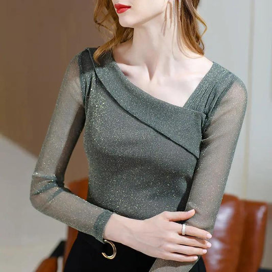 Women's Summer Long Sleeve Top Sexy V-Neck Slim Fit Mesh Bottoming Shirt
