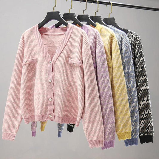 Cardigan Women's Autumn Plaid Long-sleeved V-neck Knit Sweater Coat Korean Style Loose Sweater Women