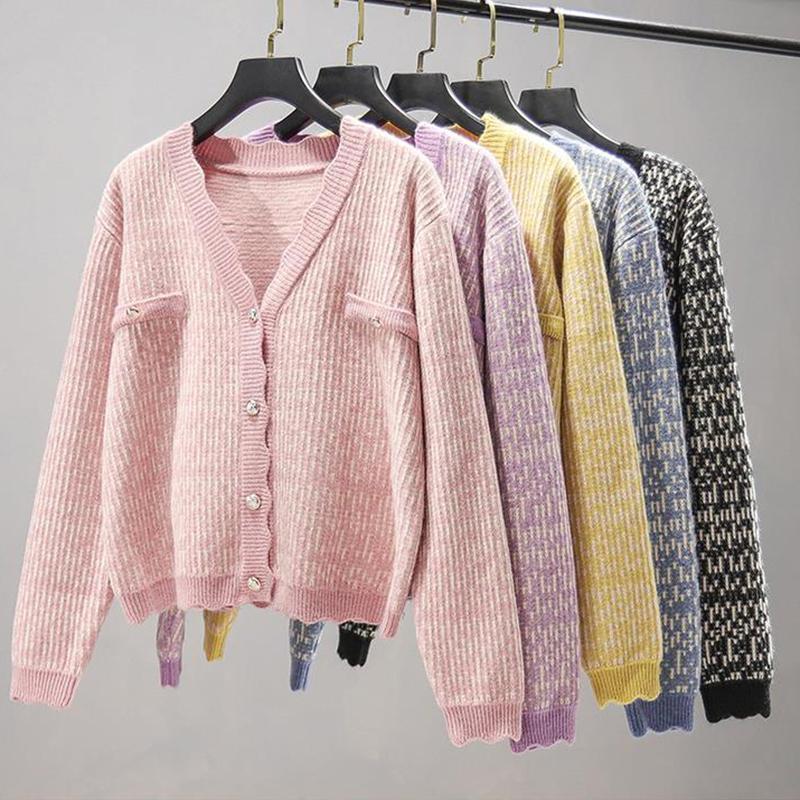 Cardigan Women's Autumn Plaid Long-sleeved V-neck Knit Sweater Coat Korean Style Loose Sweater Women