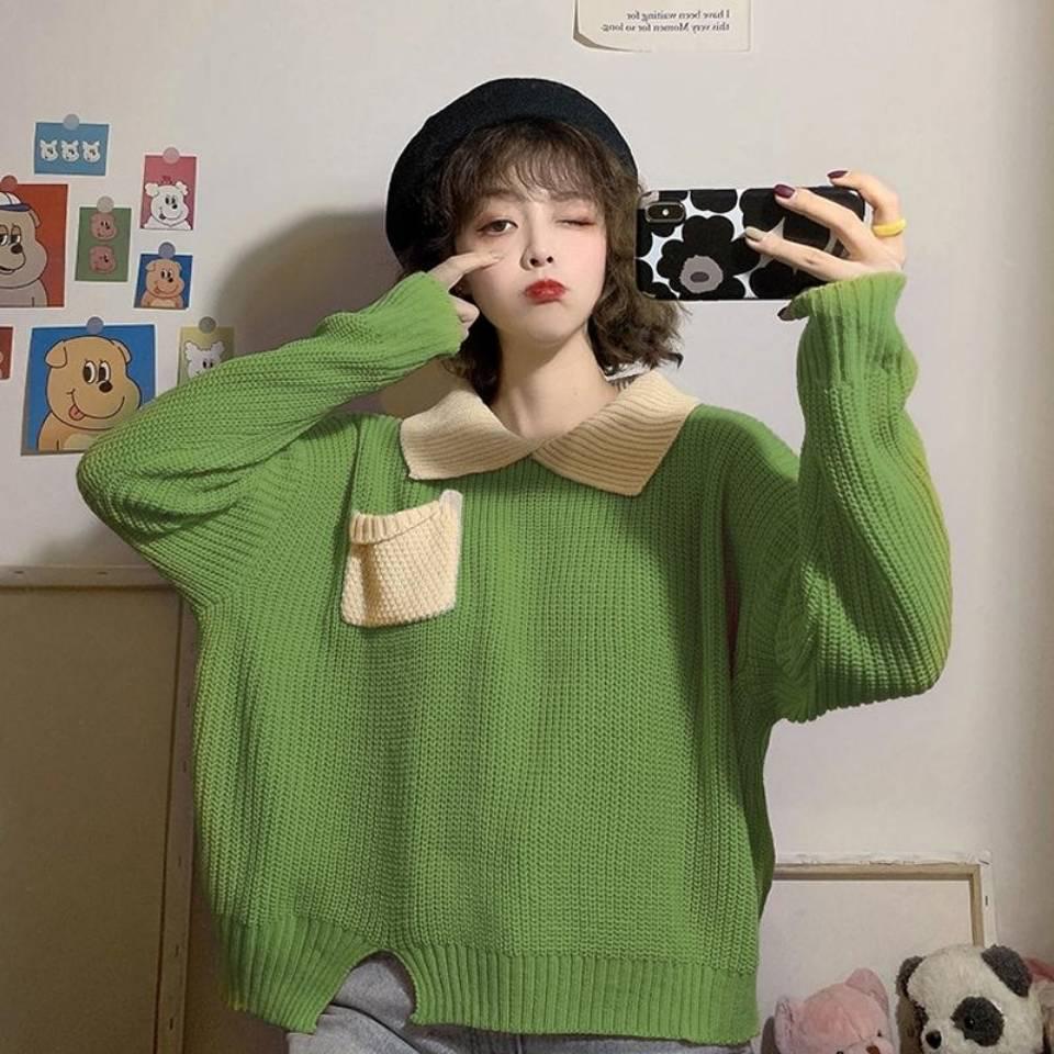 Pofulove Long-sleeved Sweater Winter Tide Shirt Students Contrast Color Polo Stand Collar Loose