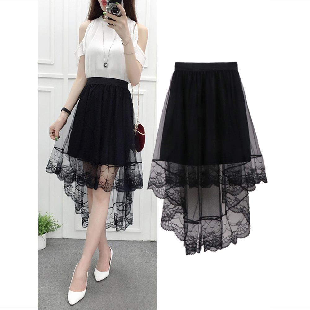 Women High Waist Scalloped Lace Trim Midi Long Skirt Lined Solid Color Irregular Hem Pleated Double Layer Sheer Mesh Skirt