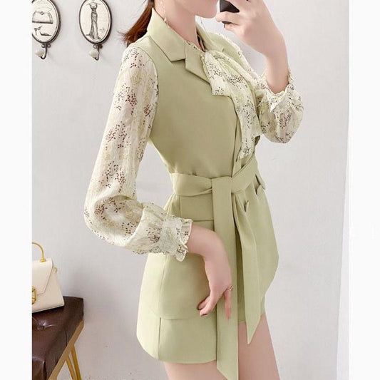 Shorts Set Women Summer Vest Coat Lace Blouse Shorts 3-piece Set Pluz Size Outfits
