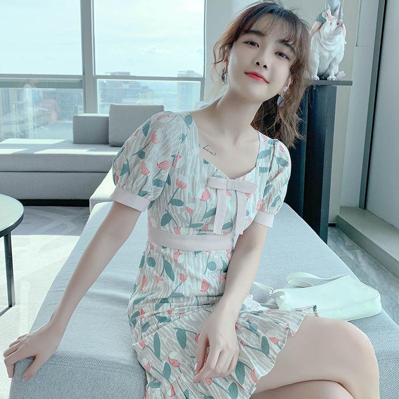 French Chiffon Dress Waist Is Thin Sweet Floral Skirt Lady Mid-length Floral Dress A-line Dress Slim Fabric Light and Breathable