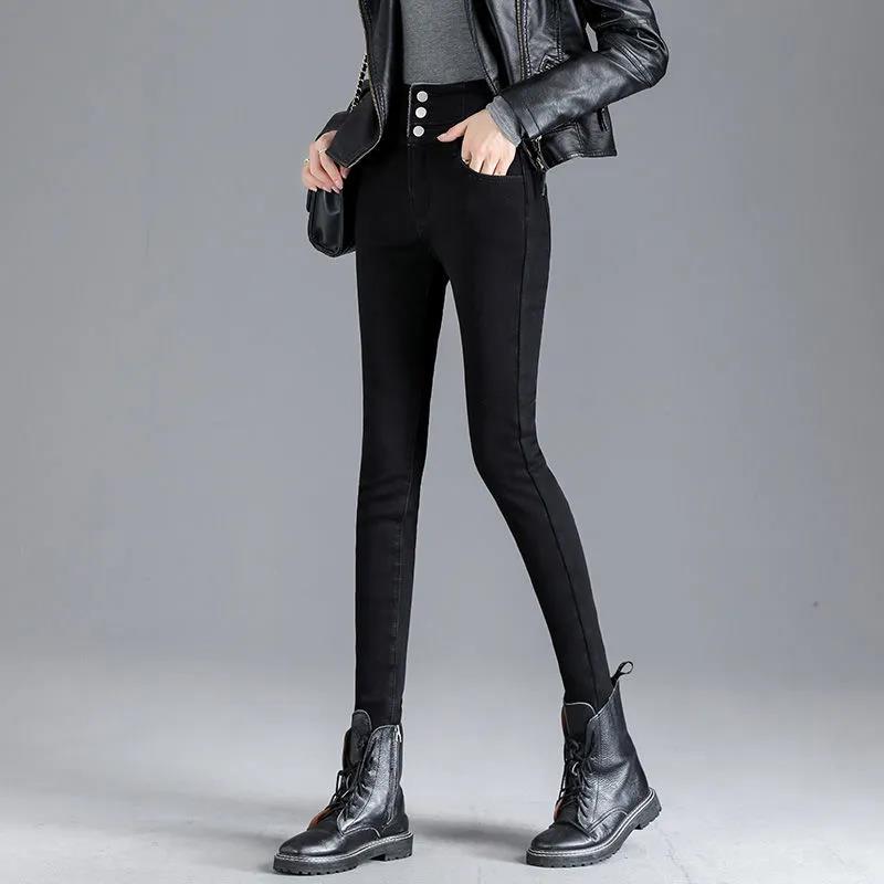 High-waisted Jeans Women's Winter Slim Slimming Black Tight-fitting Plus Velvet Padded Pants Women's Warm Cotton Trousers