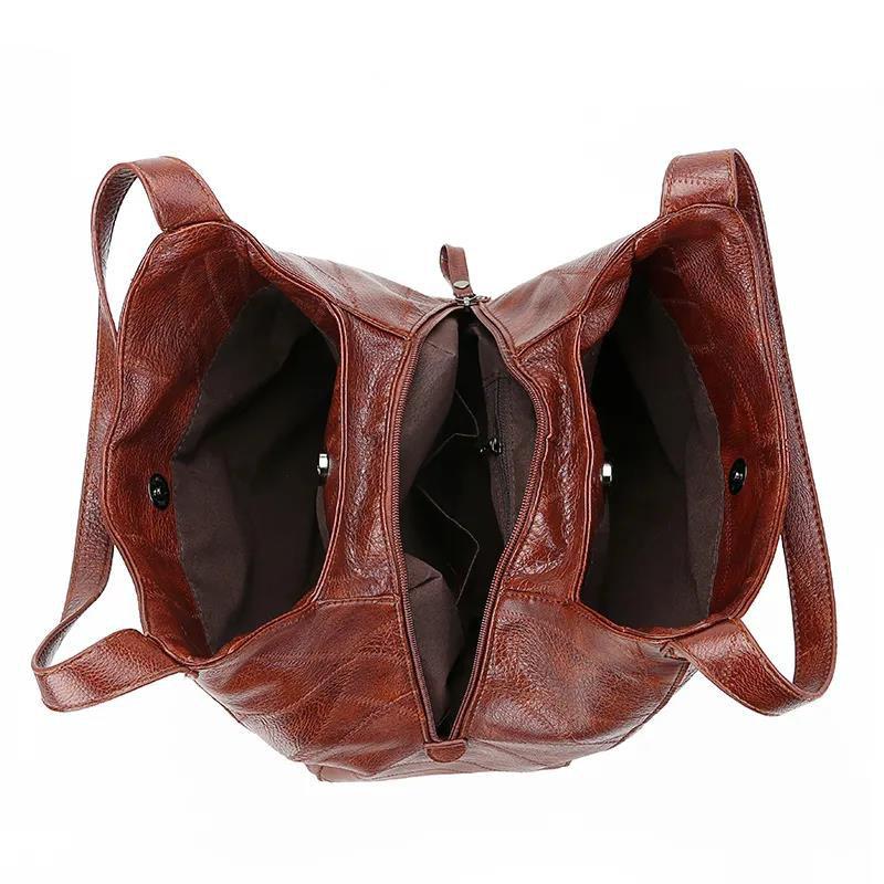 Vintage PU Leather Soft Leather All-match Tote Bag Simple One-shoulder Handbag Multi-layer Casual Lady Messenger Bag