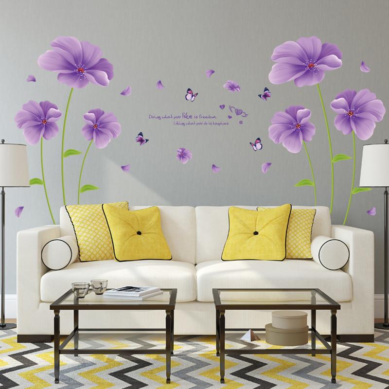 PVC Wall Sticker Stickers Children's Room Living Room Bathroom Purple Flowers and Butterfly Leaves