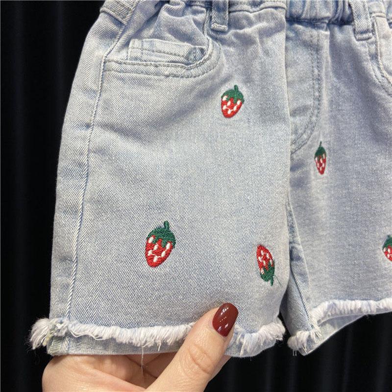 Children's Clothing Girls Summer Two-piece Denim Shorts + Girl Baby Half-sleeved T-shirt Sweet Strawberry Top