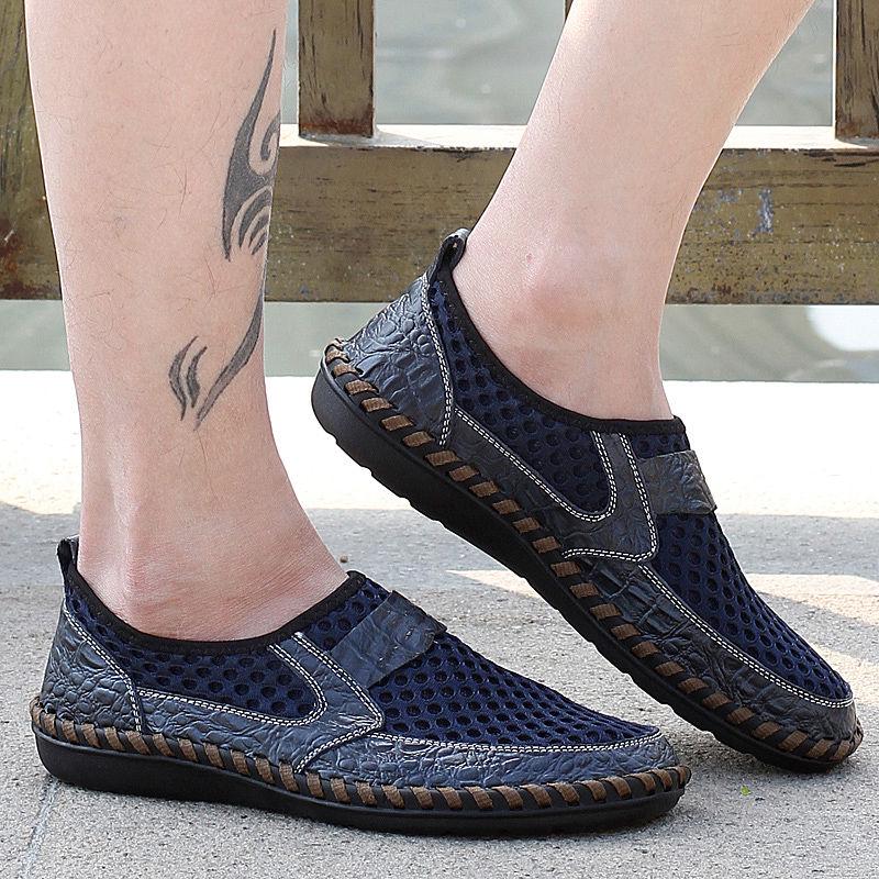 Cowhide Sandals Men's Hollow Mesh One Pedal Peas Shoes Men's Shoes Breathable Casual Lazy Shoes