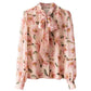 Women's Spring and Autumn Chiffon Print Loose Shirt Bow Long Sleeve Top