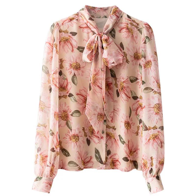 Women's Spring and Autumn Chiffon Print Loose Shirt Bow Long Sleeve Top