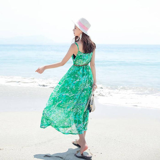 Pofulove Women Plus Size Loose Chiffon Camisole Dress Long Bohemian Vacation A-line Beach Dress