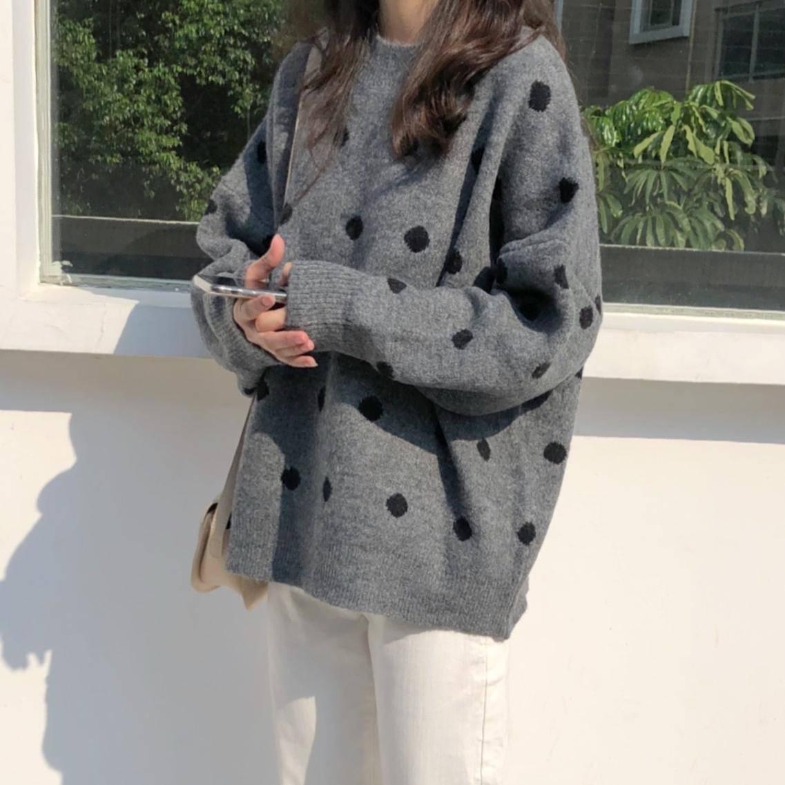 Pofulove Autumn Winter Retro Dot Student Classic Loose Long Sleeve Round Neck Pullover Sweater Women