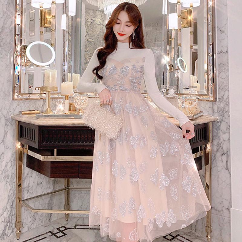 Fashion mesh gown sequin dress women autumn and winter dress plus size slim knitted dress woman