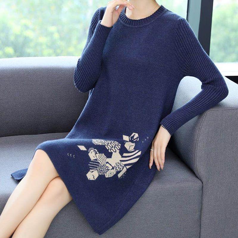 Autumn and Winter Loose Mid-length Dress Large Size Casual Printing Base Skirt Temperament Middle-aged Women Sweater Dress