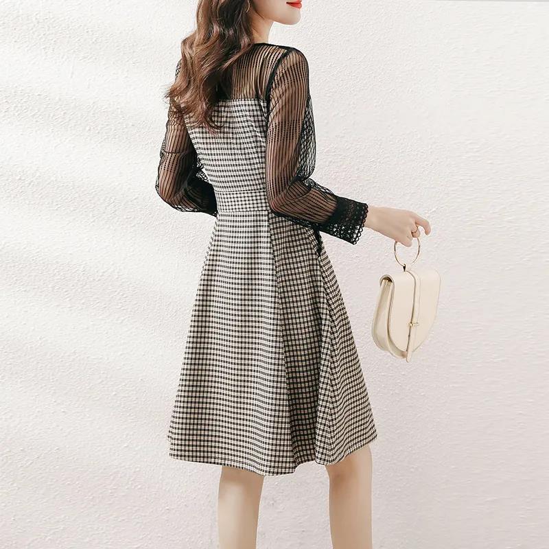 Dress Women's 2021 Spring and Autumn Waist Waist Slimming Plaid A-line Dress