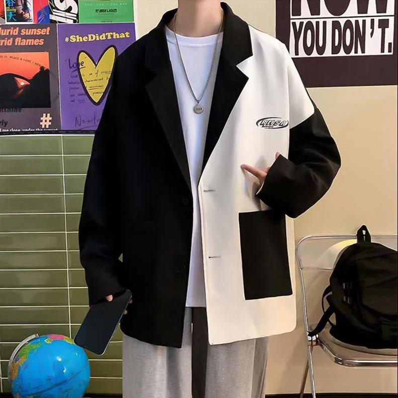 High-quality Contrast Color Stitching British Style Suit Men's Autumn Casual Loose Suit Jacket Long-sleeved Warm Mid-length Windbreaker