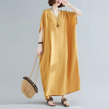 WTEMPO Plus Size Women Dress Summer V-neck Solid Color Long Dress Casual Bohemia Long Robe Full Length