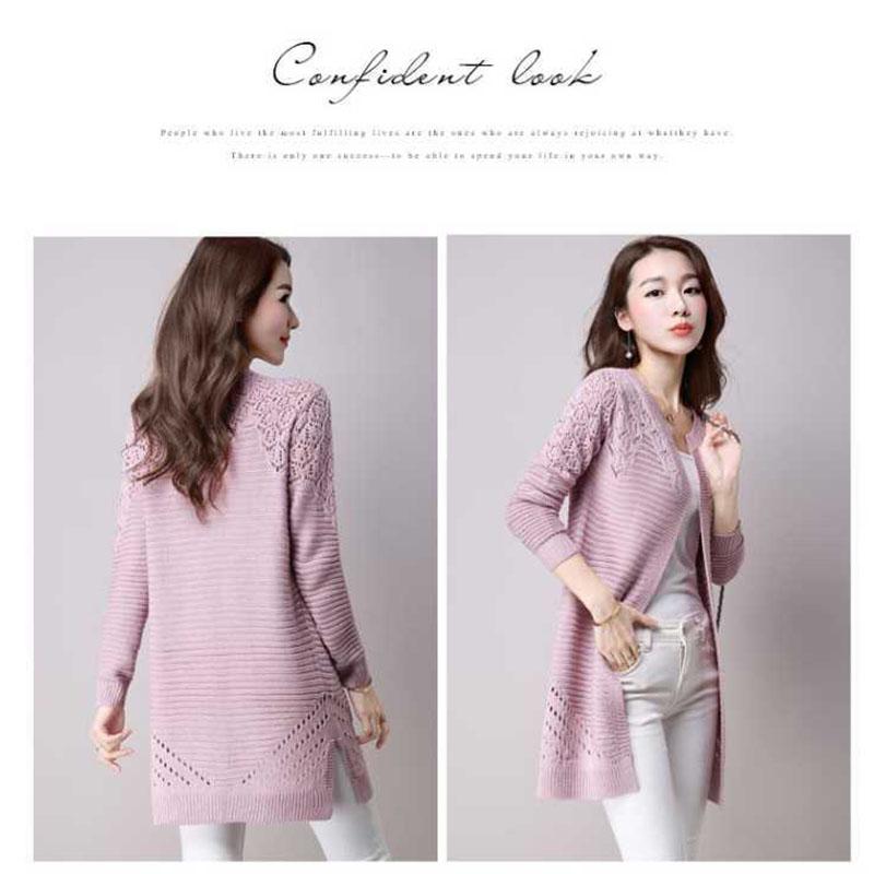 Spring and Autumn Mid-length Sweater Knitted Cardigan Hollow Top Solid Color All-match Female Jacket