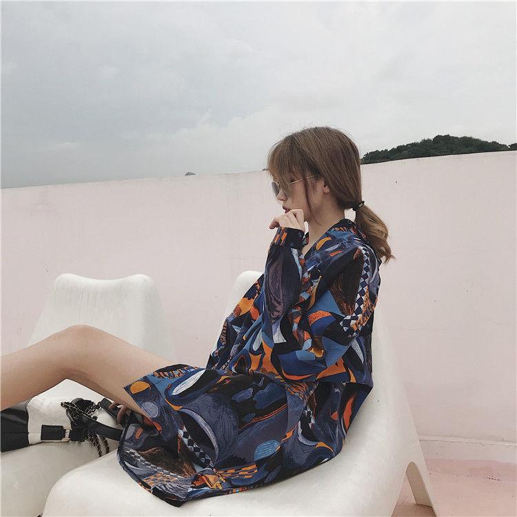 Geometric Print Women Dress Girl Loose O-Neck Casual Long T-shirt Dress Loose Home Comfort Outer Convenient
