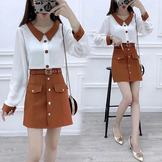 Women's Long-sleeved Chiffon Shirt High-waisted A-line Skirt 2 Pieces Set Spring Summer Splicing Color Breathable Cool Short Skirt Suit