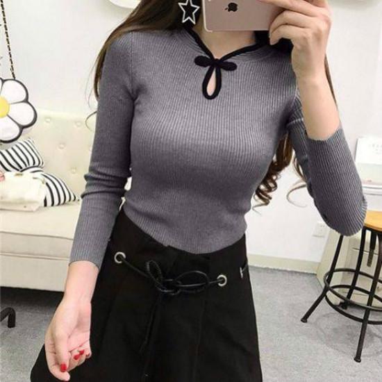 Winter China Style Traditional Buckle Bottom Sweater Retro Slim Knit Shirt Pullover Bodycon
