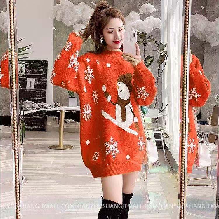 Pofulove Sweater Sweater Women Christmas Sweater Women's Mid-length Thick Loose Loose