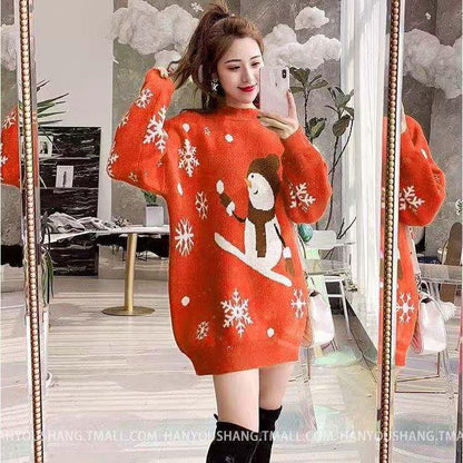 Pofulove Sweater Sweater Women Christmas Sweater Women's Mid-length Thick Loose Loose