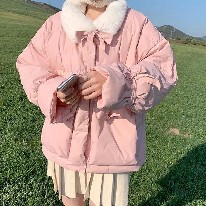 Korean Version of The Thick and Sweet Bow Tie Cotton-padded Jacket for Female Students Loose and Versatile Cotton-padded Jacket