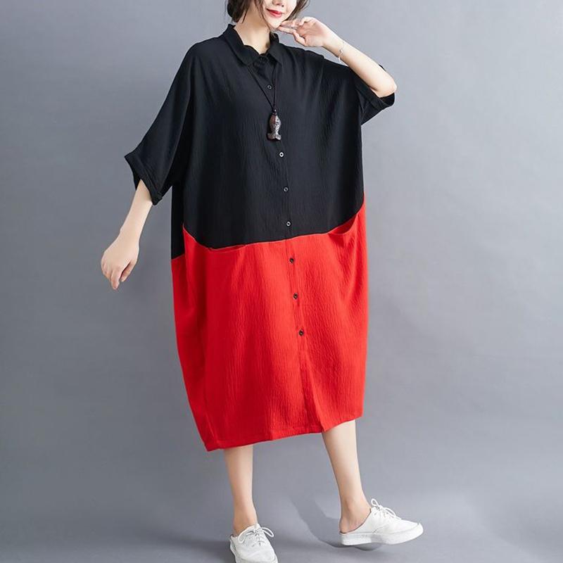WTEMPO Plus Size Women Dress Summer Turn-down Collar Long Dress Casual Mid-calf Length Color Block Button