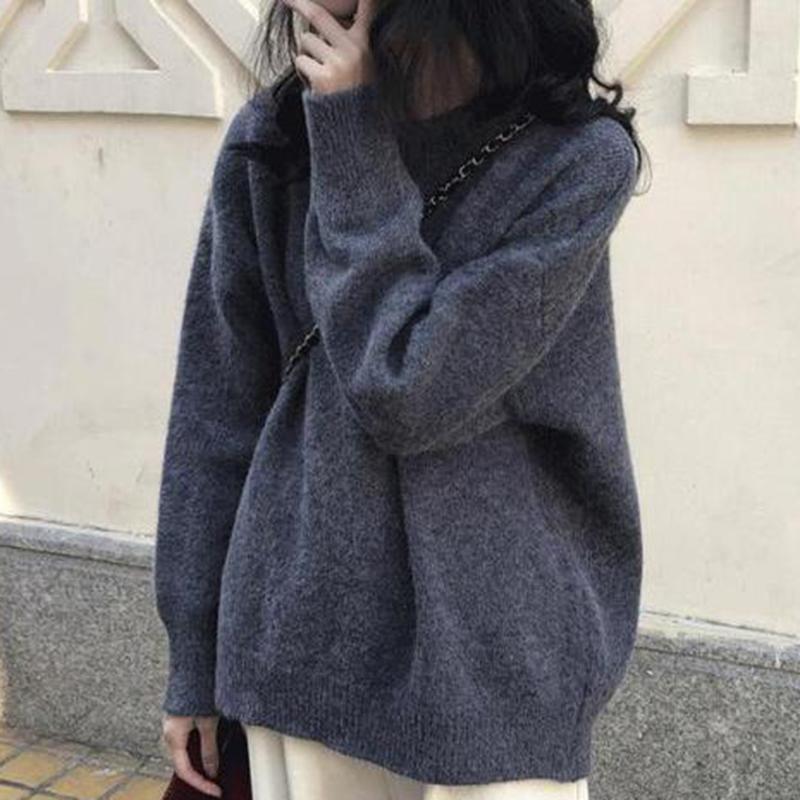 Large Size Sweater Women Korean Version Loose Solid Color Round Neck Pullover Long Sleeve Sweater Top Ins