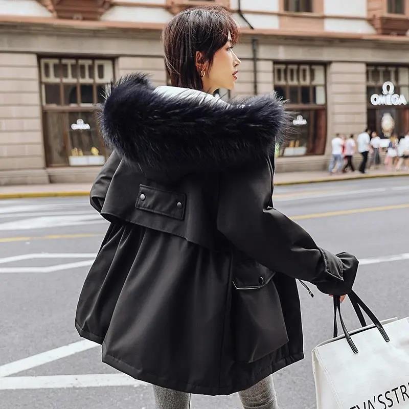 Winter Women's Cotton Jacket Jacket Mid-length Large Fur Collar Plus Down Jacket Thickening Plus Velvet Jacket