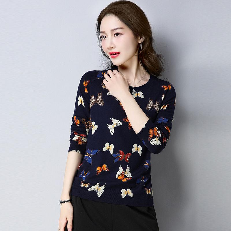 Plus Size Spring, Autumn and Winter Butterfly Print Sweater Cashmere Knit Bottoming Sweater Vintage Slim Warm Woolen Sweater Jumper Outwear