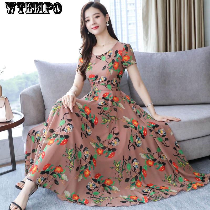 Summer Round Neck Short-sleeved Dress Floral Dress Over The Knee Loose and Thin