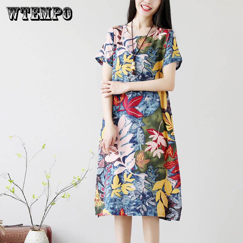 WTEMPO Medium Long Ice Silk Dress Female Summer Loose Large Size Retro Linen Floral Skirt