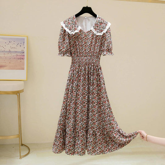 Women's Summer Dress with Waist and Thin French Retro Style Elegant and Sweet Chiffon Floral Mid-length Skirt Fabric Light and Breathable