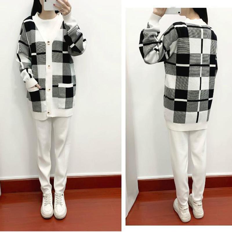 3pcs/set Knit Suit Women's Casual Plaid Knitted Cardigan +sweater + Knitted Harem Pants 3 Piece Set Ladies  Jogging Outfits Autumn Spring