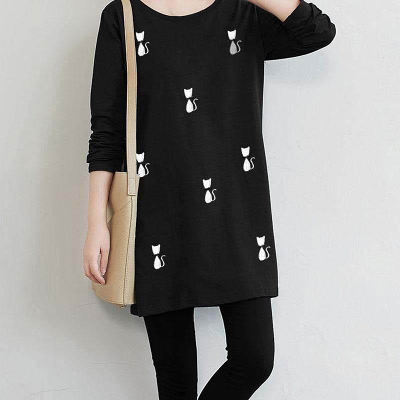 Fashion Women Long Sleeve Embroidered Solid Polyester T-Shirt Autumn  Femininas Basic Tops Loose Chemise Tunic Pullover
