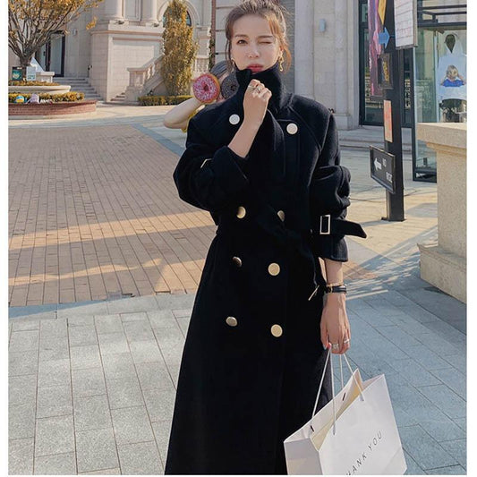 Women's Black Woolen Coat Mid-length Windbreaker with Cotton Thickened Autumn and Winter Jacket Women
