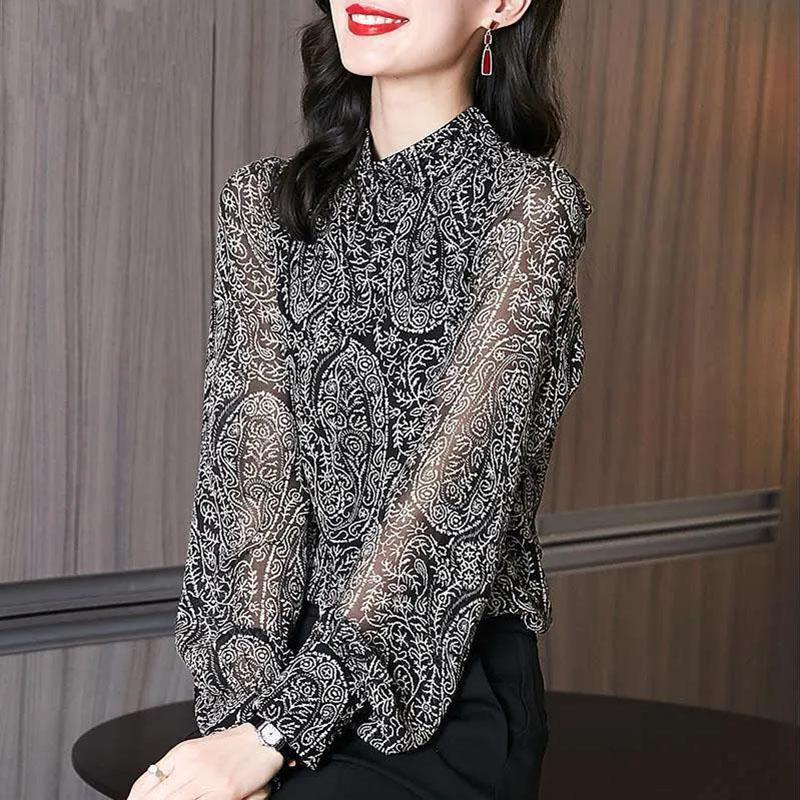 Chiffon Shirt Women's Spring and Autumn Long Sleeve Puff Sleeve Floral Top