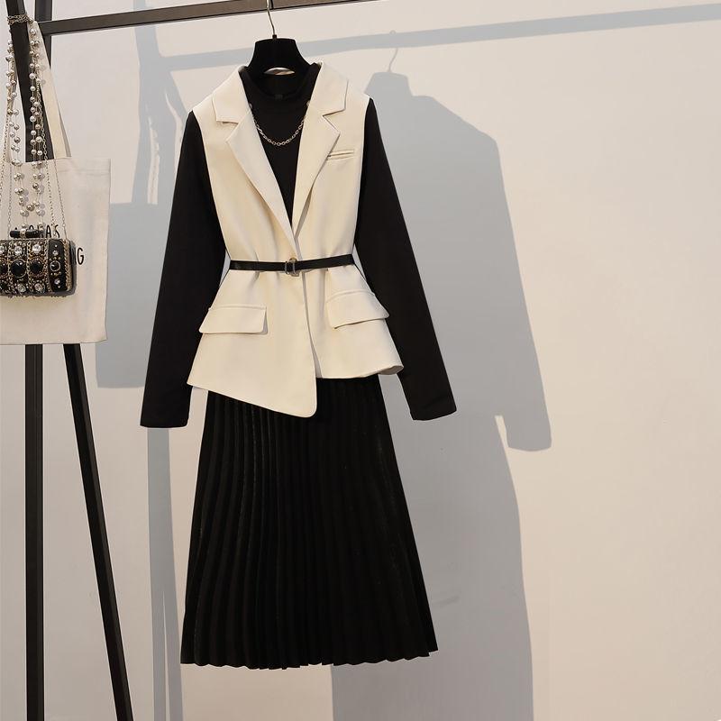 High-end Dress Suit Women Autumn New All-match Suit Vest Women + Mid-length Pleated Skirt Two-piece A-line Bottoming Long Skirt Vest Suit