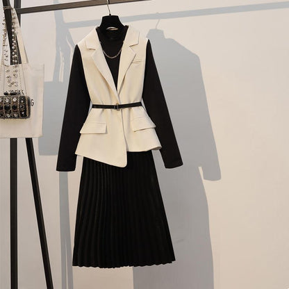 High-end Dress Suit Women Autumn New All-match Suit Vest Women + Mid-length Pleated Skirt Two-piece A-line Bottoming Long Skirt Vest Suit