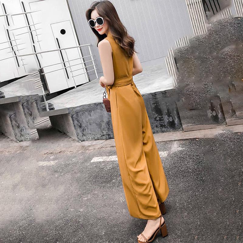 One-piece Wide-leg Pants Women's Summer Leisure V-neck Slim-fitting Jumpsuit Suit Chiffon Fabric Light and Breathable Waist Slimming One-piece Suit