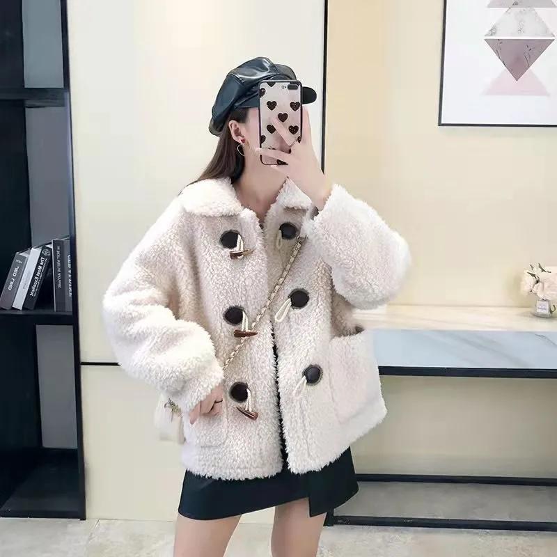 Women's Lamb Wool Coat Horns Buckle Sheared Wool Winter Korean Style Thick Square Collar Not Shed Hair Lapel Casual Loose Grain fleece Jacket Coat