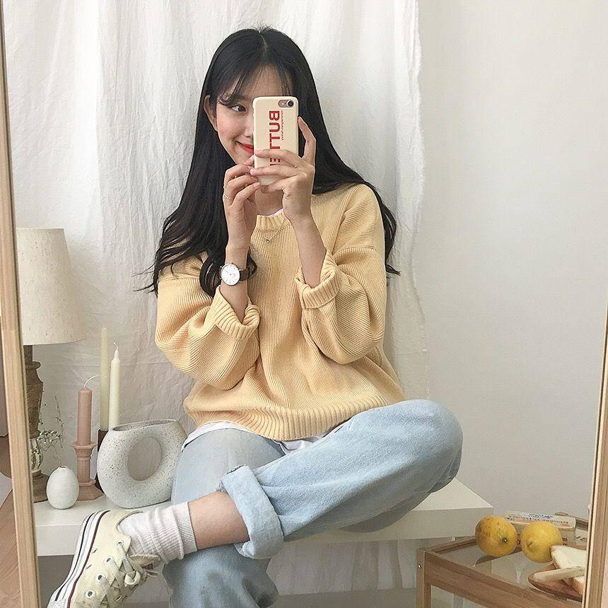 Pofulove 3 Colors Girly Warm Long Sleeve O-Neck Loose Knitted  Blouse Sweet Simple Color Sweaters