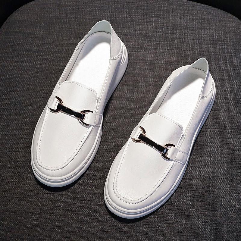 Women's Casual Flat White Shoes All-match Thin Section Breathable Loafers Women's Hollow Leather Shoes Comfortable and Breathable